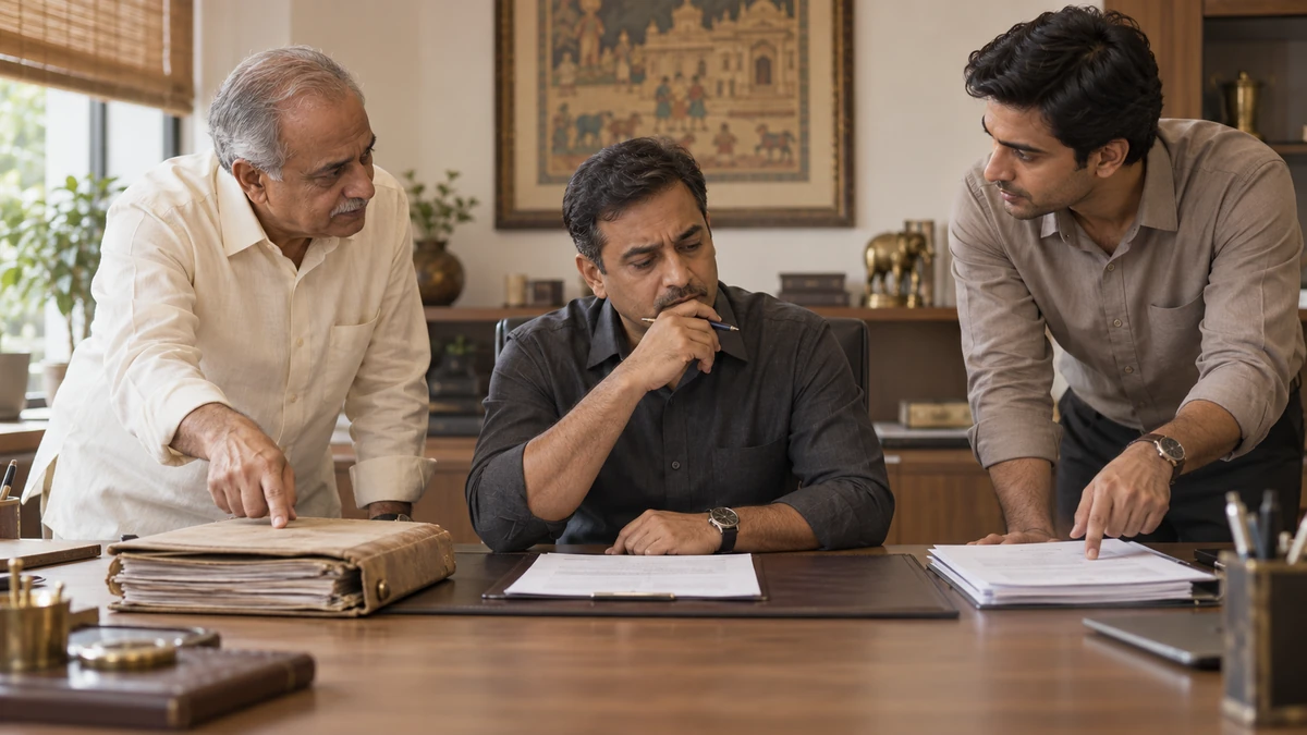 A purchase manager pauses between a founder and his son, each indicating a different supplier document.