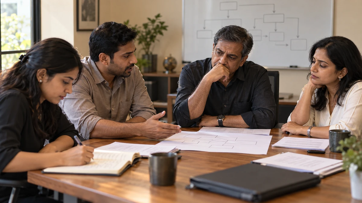 A business owner and three colleagues reviewing a new process during an office meeting.