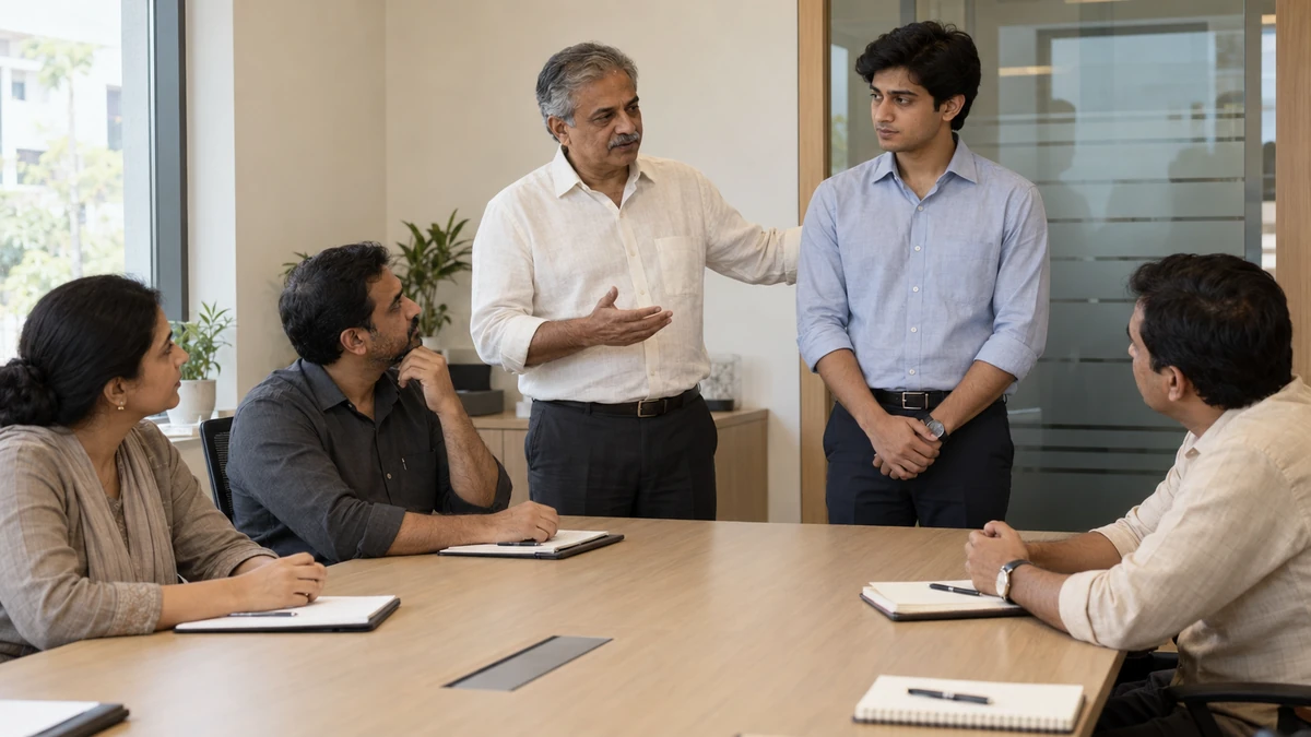Owner introducing his adult son to three department heads on his first day in the family business.