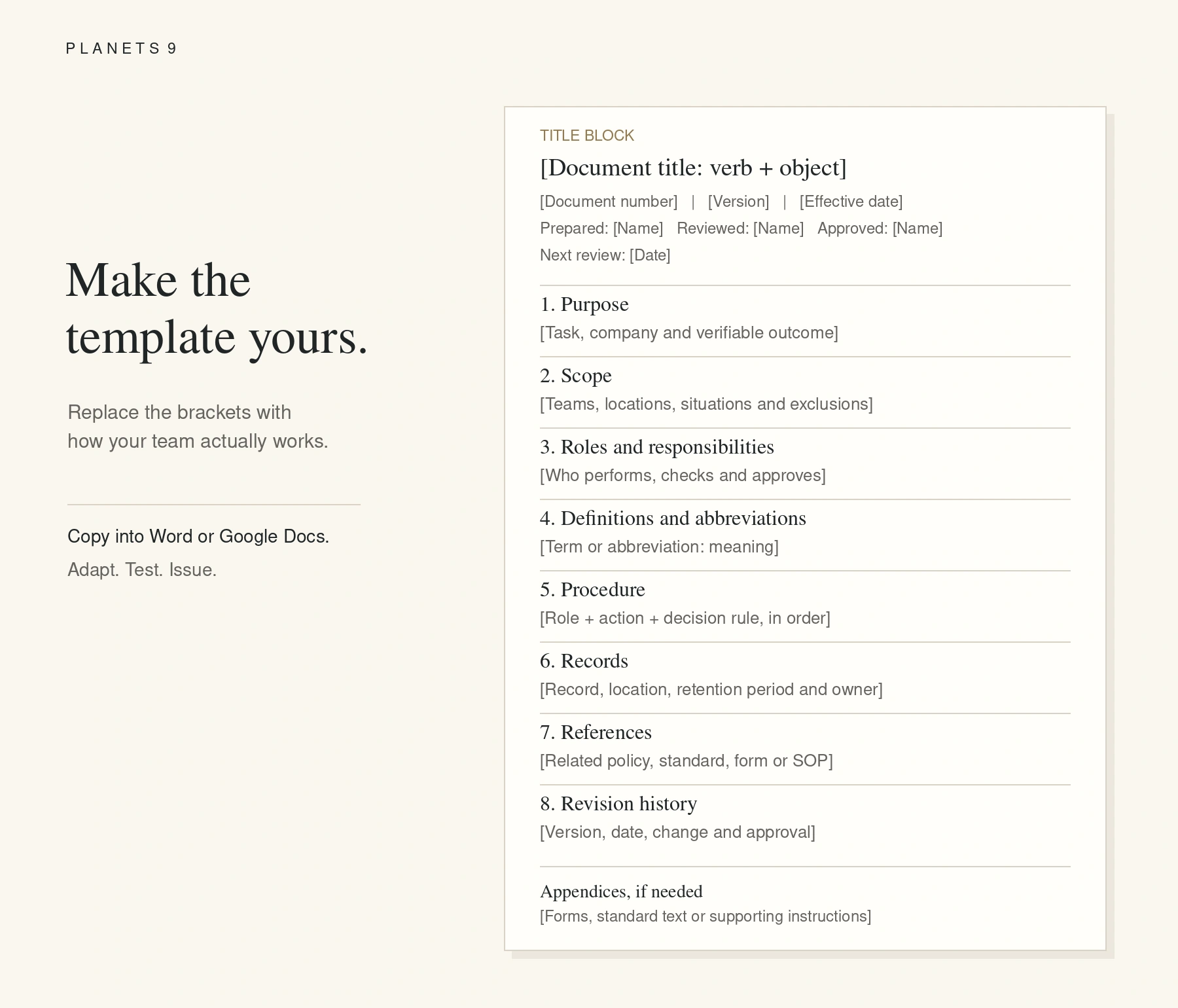 Blank SOP template showing the nine core sections with bracketed placeholders and optional appendices.